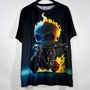 Skeleton Riding Motorcycle With Flames 100% Polyester Size XXL